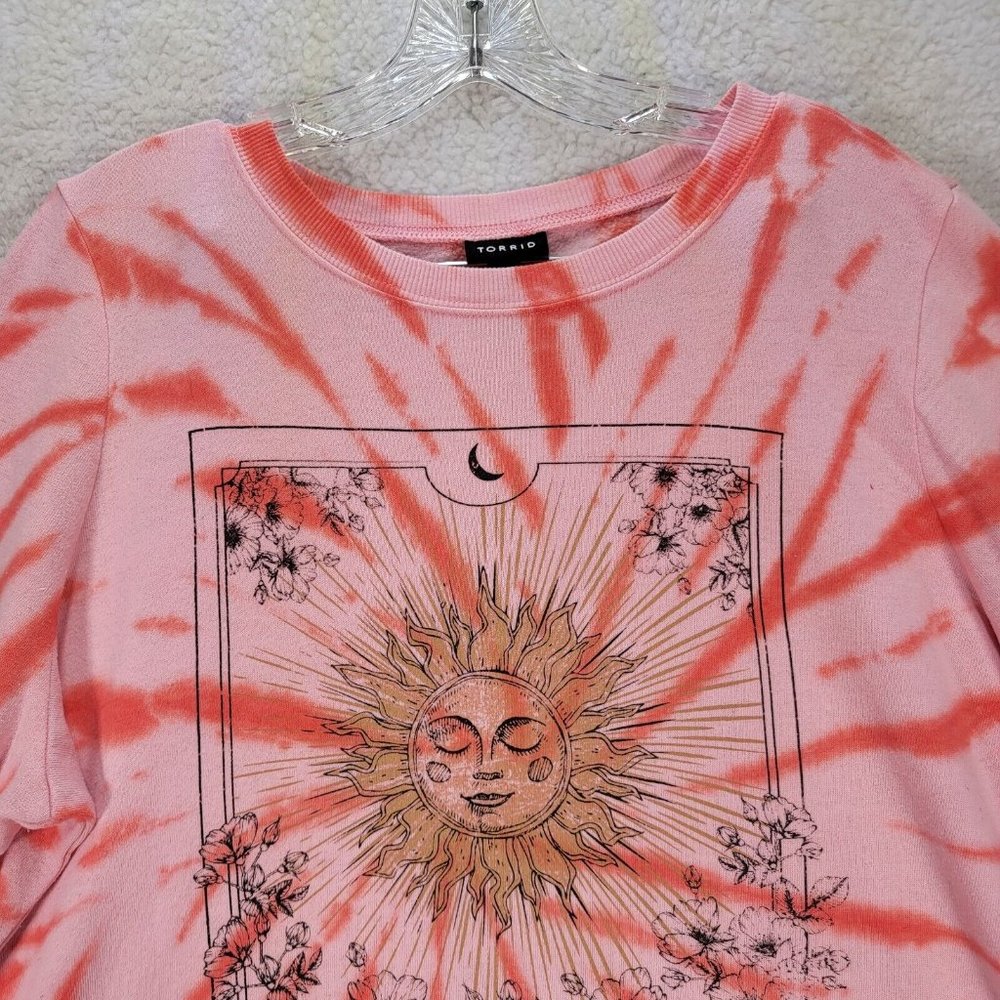 Torrid Pink Tie Dye Le Soleil Sun Moon Classic Round Neck Comfy Pullover Sweater - Picture 2 of 13